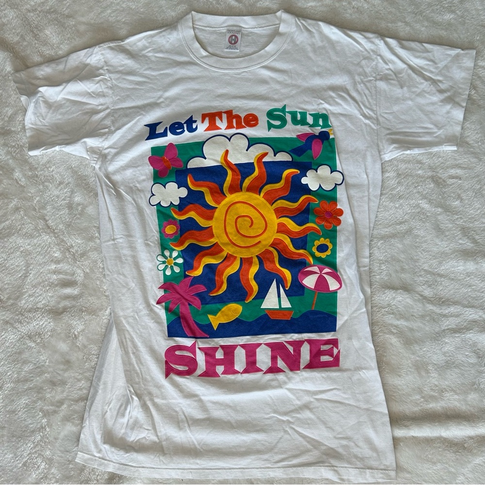 Vtg 90s Let the Sun Shine Heartland Apparel Beach T-Shirt Dress Long Made in USA